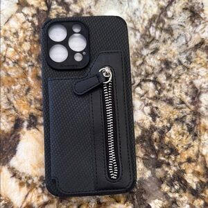 Black Leather I Phone 14 Pro Max Phone Case with Zipper and snap closures